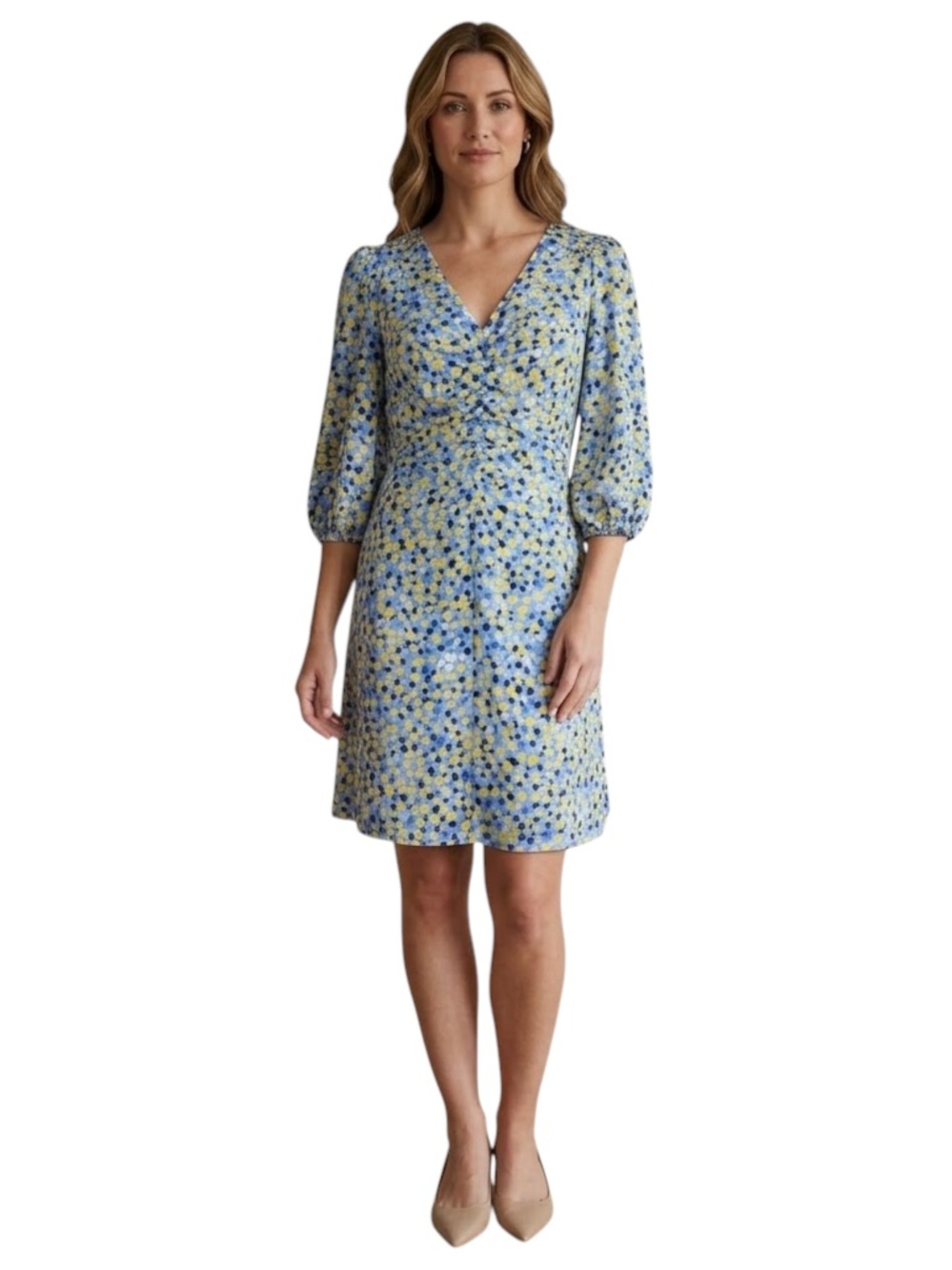 Vince Camuto Blue Ruched Front Floral Print Dress